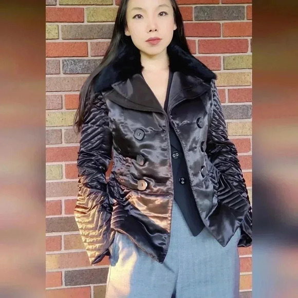 Bebe black Satin Quilted Pea Coat with fur collar Women's Size S - Picture 11 of 17